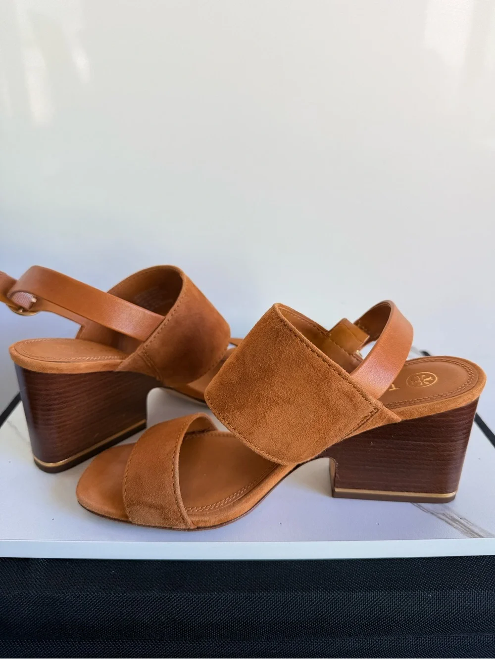 Tory Burch Suede Block Heel Sandals in Cognac Brown